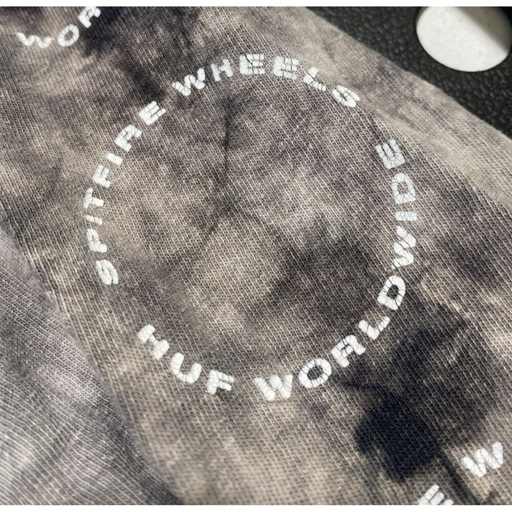HUF x Spitfire Tie Dye Burn Faster Flame Logo Lg Sleeve Tee Black Gray Sz M FLAW - Picture 8 of 15